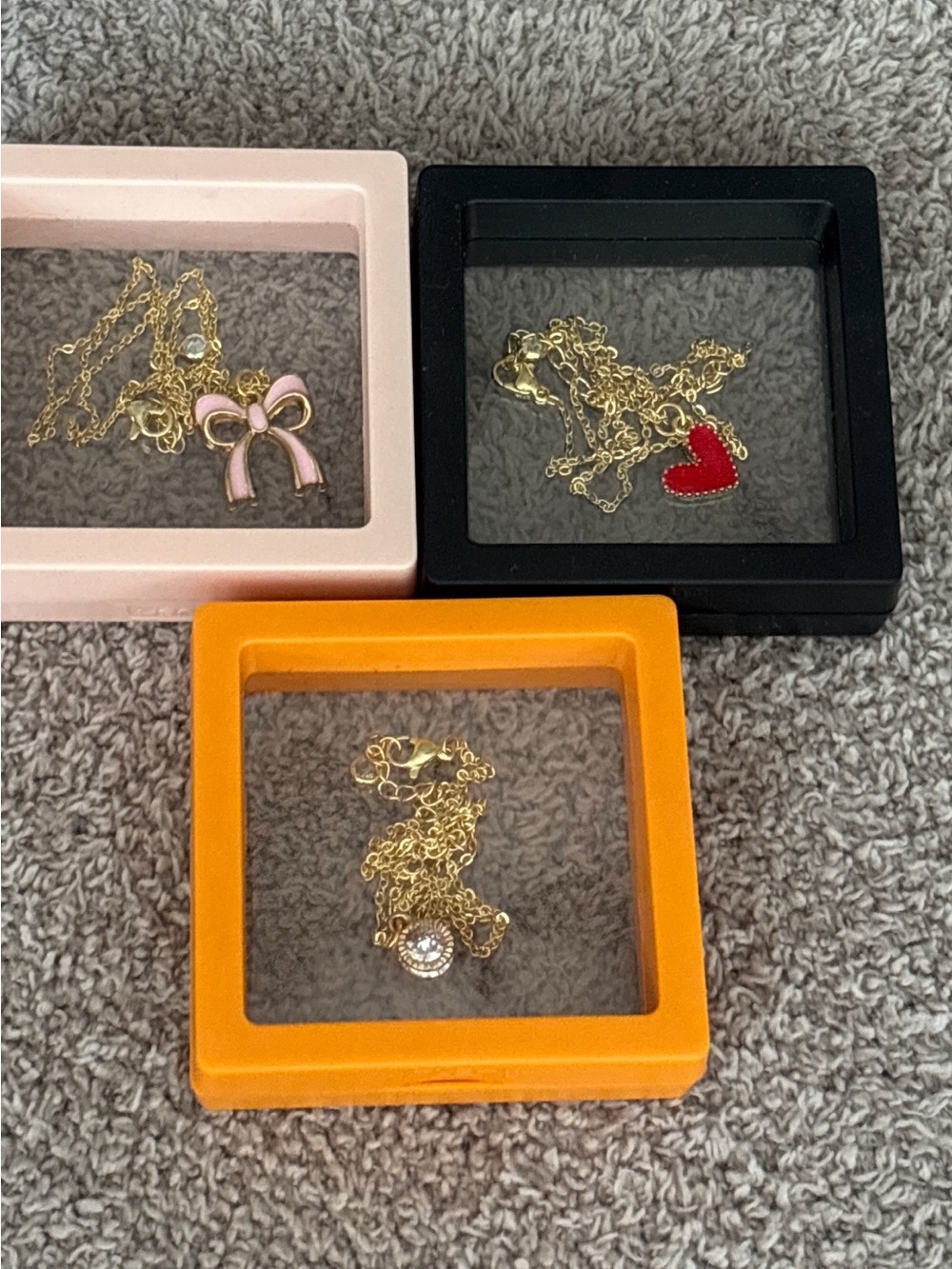3 Gold Tone Pendant Necklaces Bundle | Pink Bow, CZ Circle & Red Heart